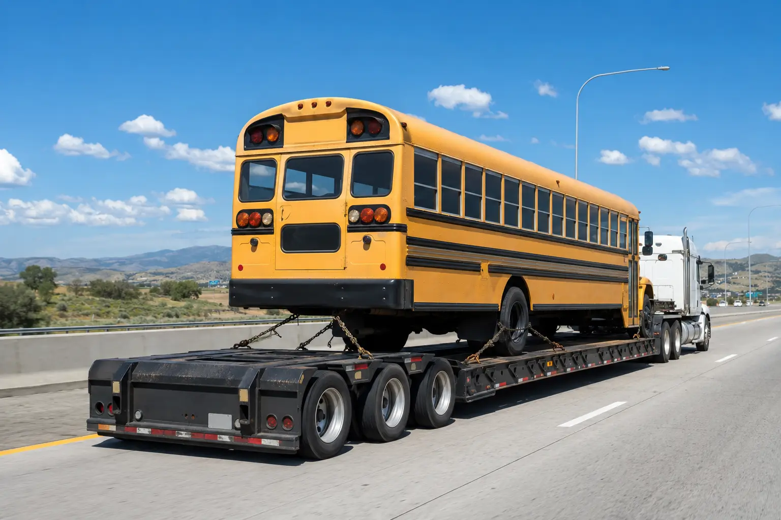 Yellow school bus secured on a flatbed trailer for shipping across the USA.