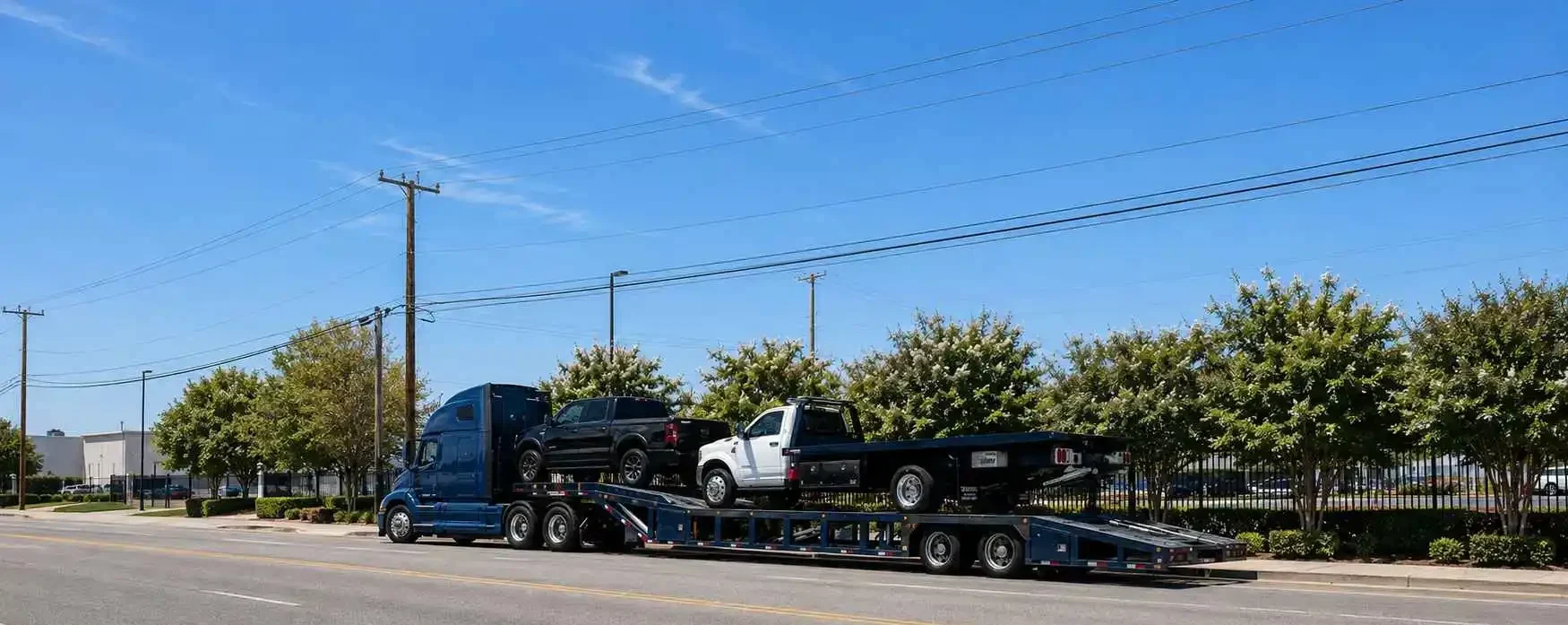 Car carrier truck transporting two pickup trucks on a city street.