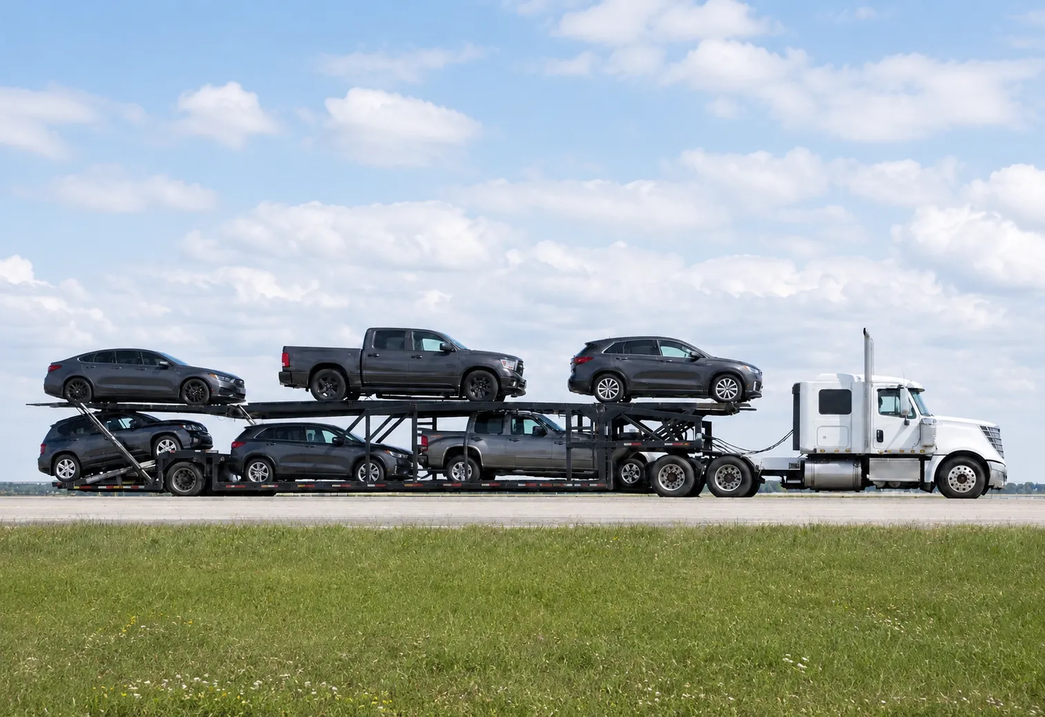 car carrier loaded with corporate employees cars