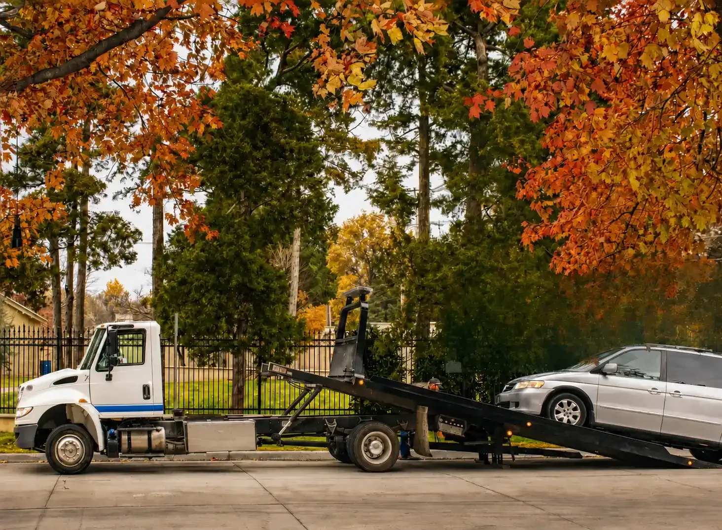 Door-to-door car shipping with a minivan arriving on a residential street.
