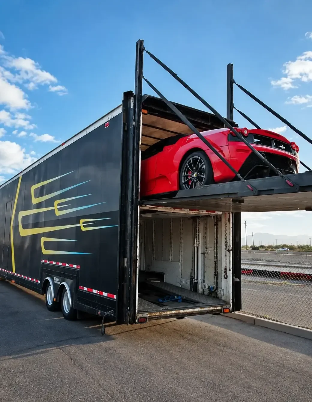 Red sports car secured inside an enclosed trailer for protected car shipping