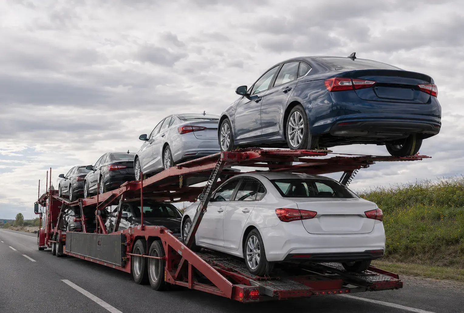 Open car carrier transporting multiple sedans on a highway.