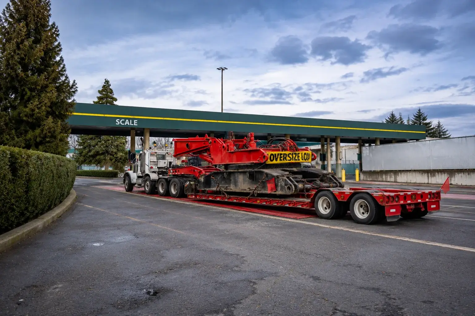 Heavy industrial equipment secured on a lowboy trailer for oversized transport
