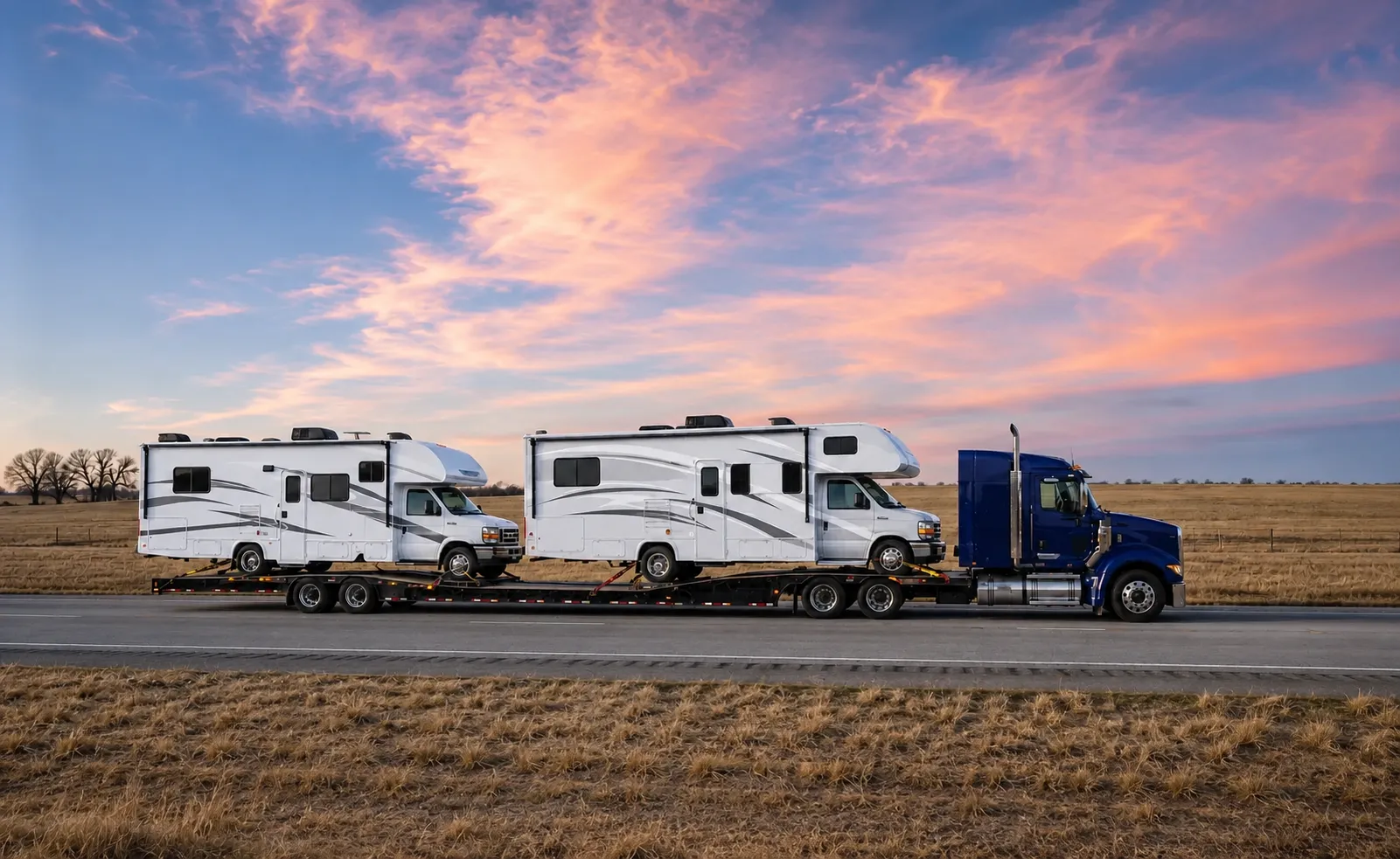 truck loaded with rvs on the road