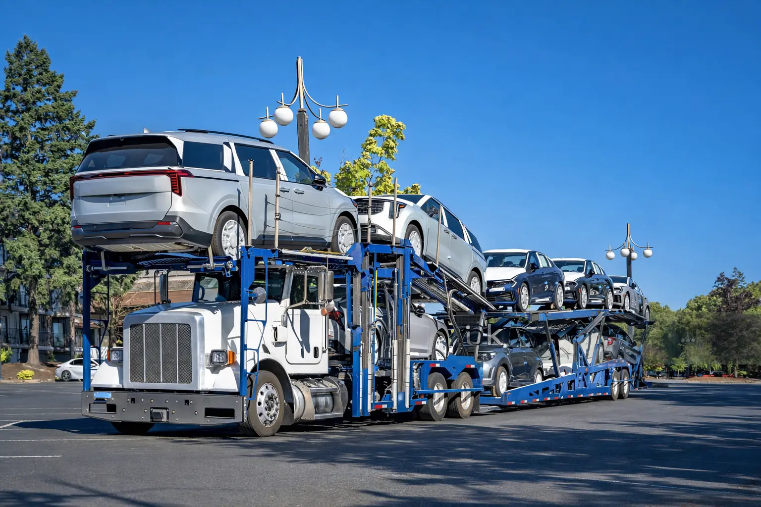 Truck delivering cars for corporate relocation.