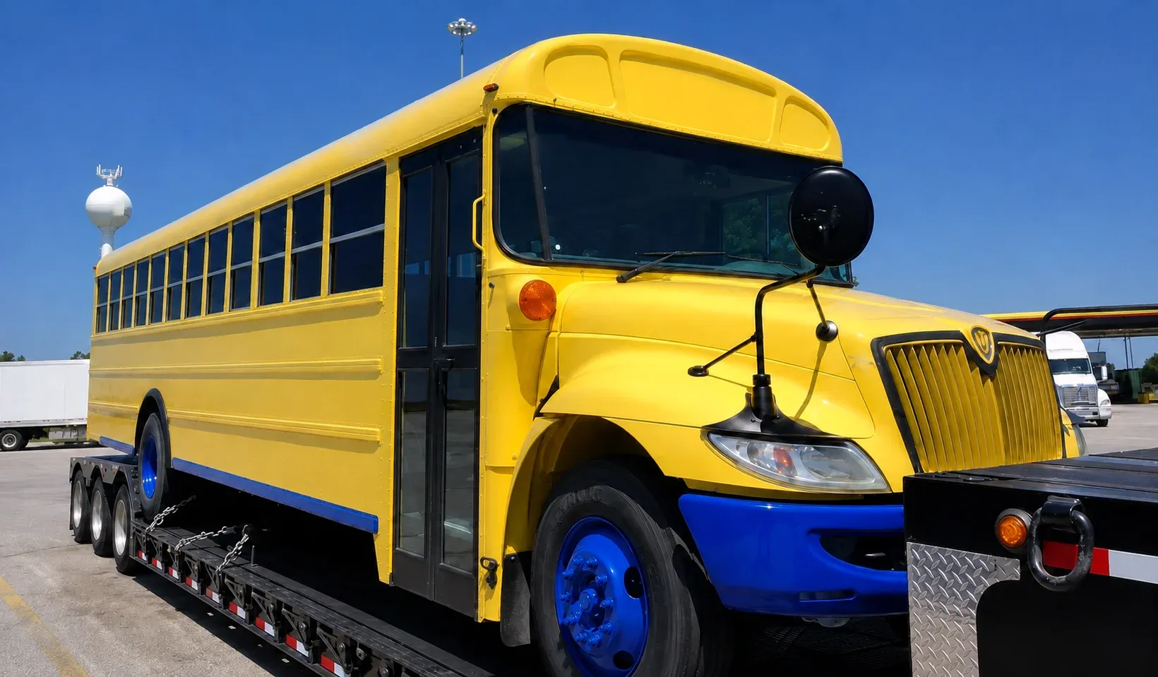 Yellow school bus loaded onto a flatbed trailer for transport.